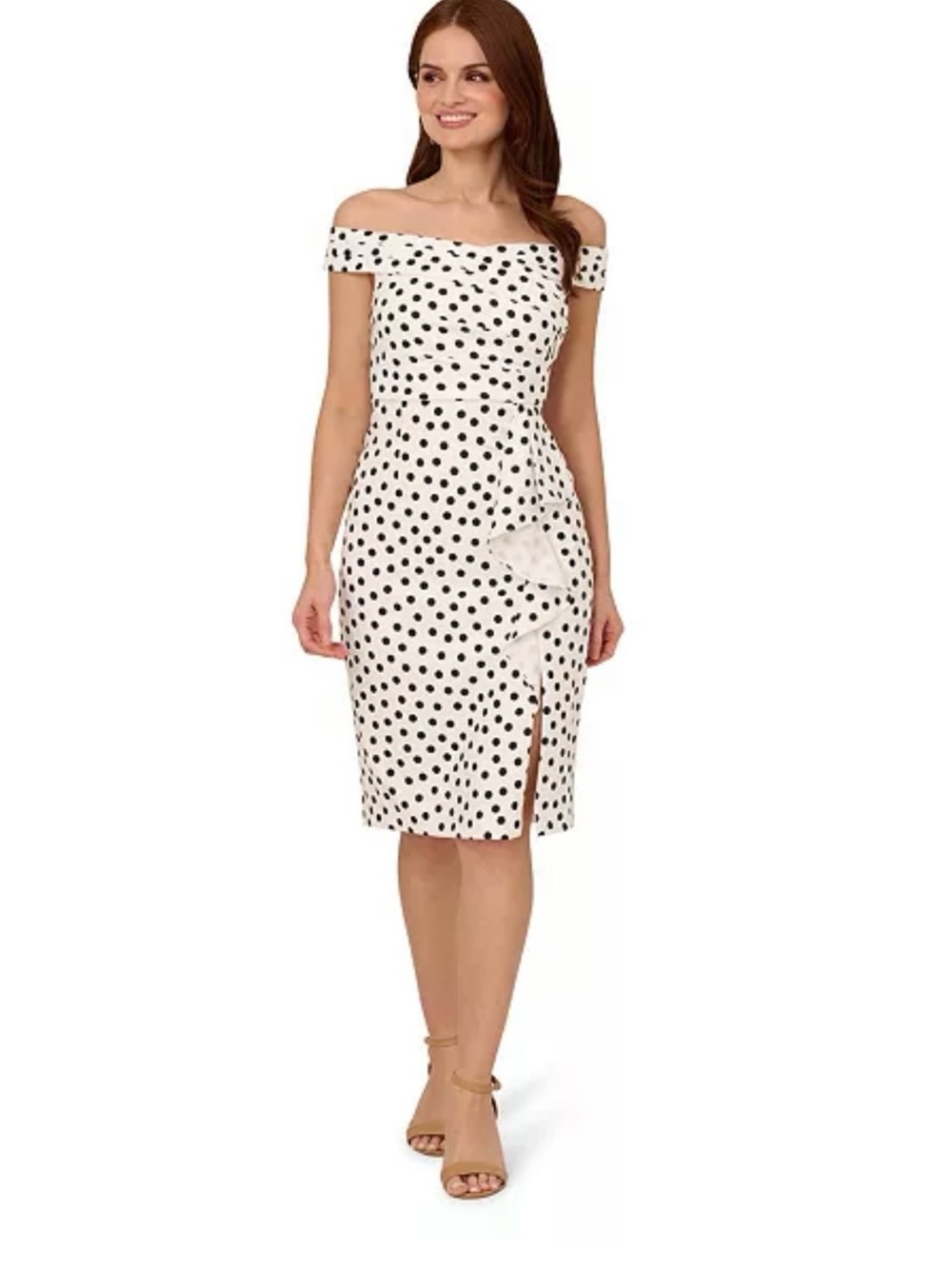 Adriana Papell Off-Shoulder White & black  Polka Dot Sheath Dress size 16